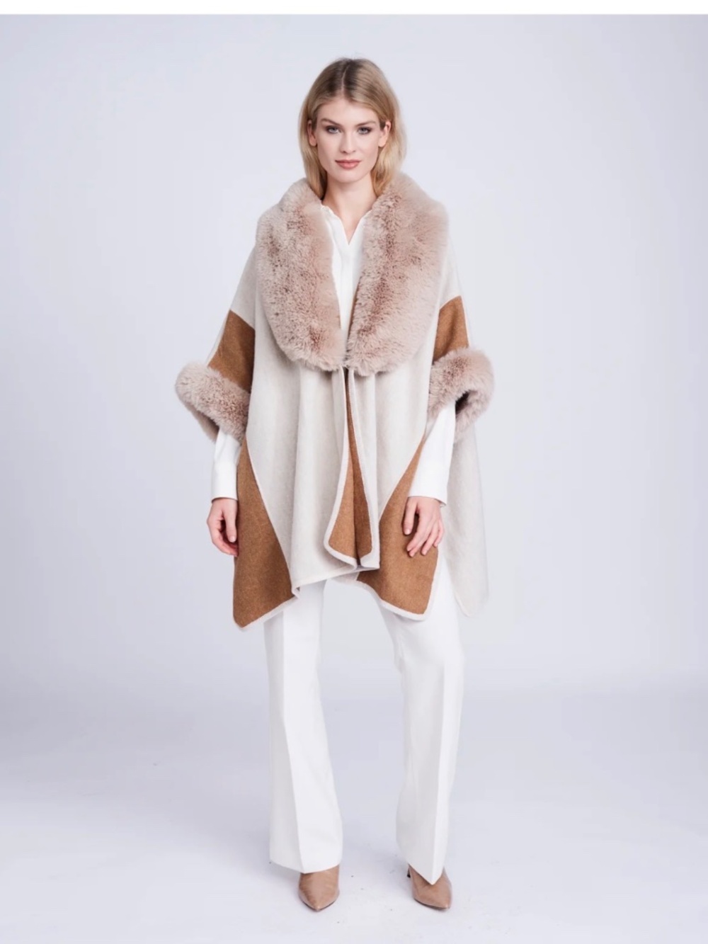Pia Rossini Reversible Faux Fur Trim Cape One Size